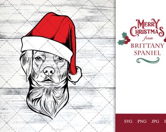 Brittany Spaniel dog svg portrait clipart vector graphic art Xmas hat Christmas dog Cricut cut file cuttable design