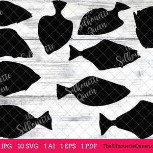 May include: Ten black silhouette images of halibut fish in various poses. The images are on a white wood background. The text "The Silhouette Queen" is at the bottom of the image.