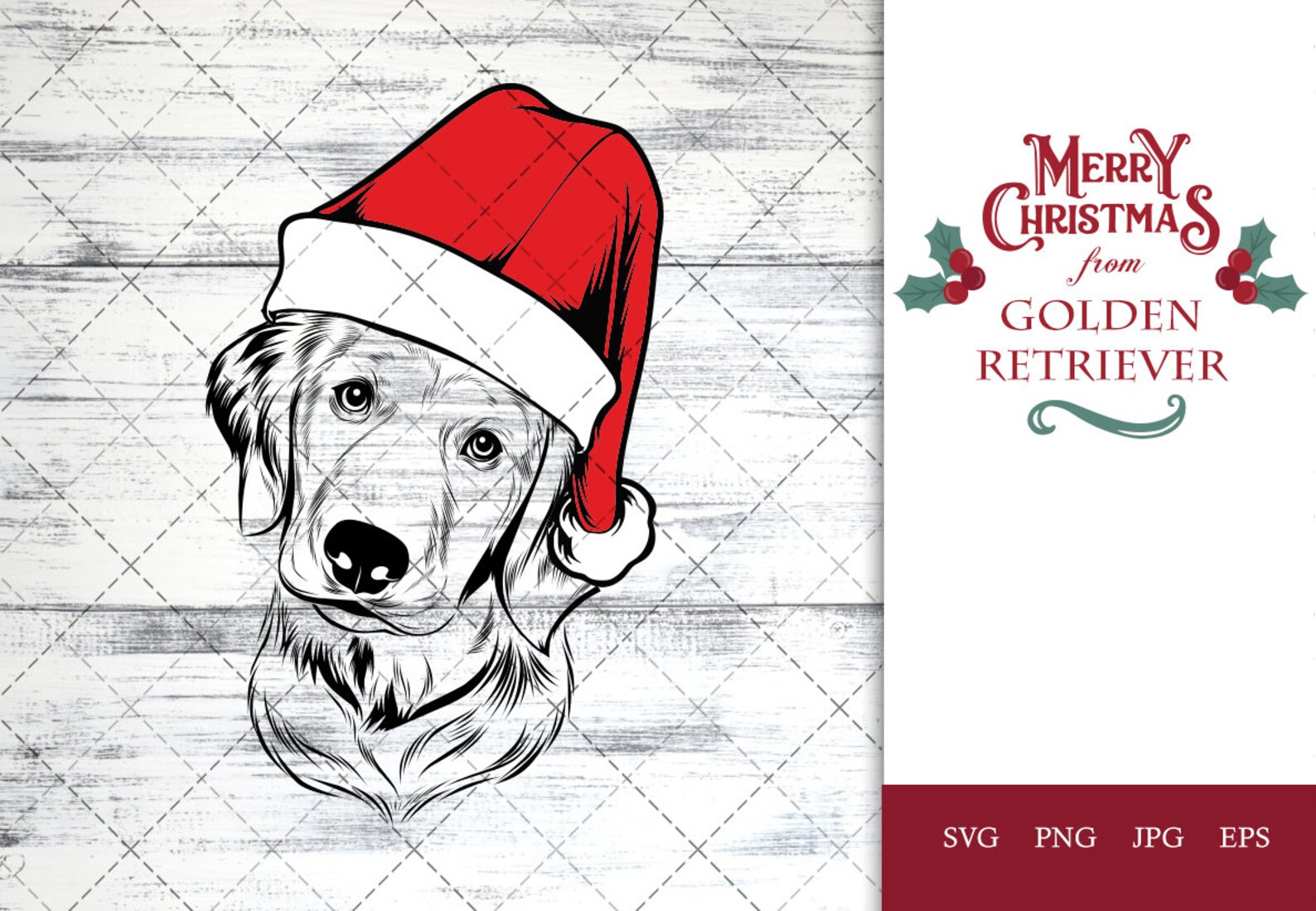 Golden Retriever Dog Svg Portrait Clipart Vector Graphic Art Xmas Hat ...