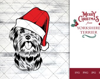 Yorkshire Terrier dog svg portrait clipart vector graphic art Xmas hat Christmas dog Cricut cut file cuttable design