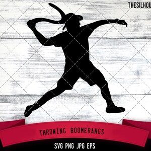 May include: Silhouette of a person throwing a boomerang. The person is wearing a hat and shorts. The image is in black and white.