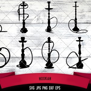 May include: A set of ten black silhouette illustrations of hookahs, a traditional water pipe used for smoking tobacco. The hookahs are shown in various styles and designs, with some featuring intricate details and others being more simple.