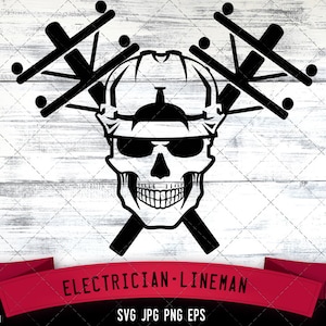 May include: Black and white silhouette of a skull wearing a hard hat and sunglasses, with two crossed power lines behind it. The text "Electrician - Lineman" is below the image.