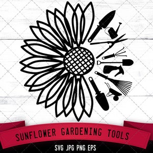 May include: Black and white silhouette of a sunflower with gardening tools arranged around the centre. The tools include a trowel, rake, watering can, shears, and more. The text "SUNFLOWER GARDENING TOOLS" is below the image.