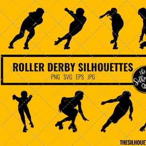 Puede incluir: Siluetas de patinadoras de roller derby en varias poses. La imagen está sobre un fondo amarillo e incluye el texto "Roller Derby Silhouettes" y "The Silhouette Queen".