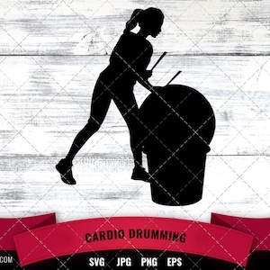 May include: Black silhouette of a person exercising with a large drum. The text "Cardio Drumming" is below the image. The text "SVG JPG PNG EPS" is below the text "Cardio Drumming".