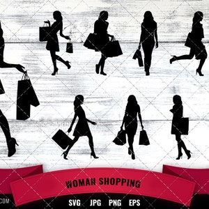 Mujer compras Silueta / Mujer con bolsas Vector / Descuento de venta navideña / silueta cameo cricut archivos cortados svg