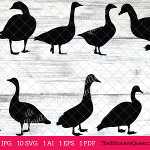 May include: Silhouettes of ten geese in various poses, facing different directions. The geese are black against a white woodgrain background.