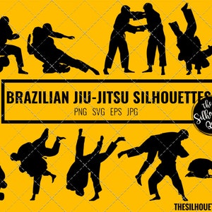 Może przedstawiać: Sylwetki osób trenujących brazylijskie jiu-jitsu w różnych pozycjach. Obraz zawiera tekst "Brazilian Jiu-Jitsu Silhouettes" i "The Silhouette Queen".