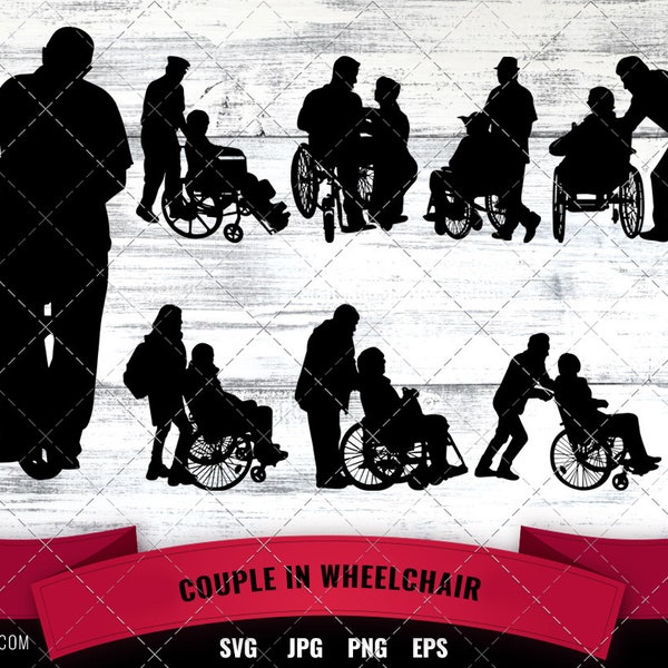 Couple in Wheelchair Silhouette | Disabled with Assistance | Husband Wife in Hospital | silhouette cameo cricut cut files svg