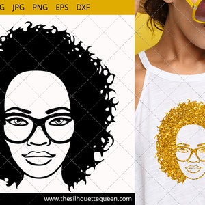 Afro Woman svg with Curly Bob natural hair and glasses, African American Black Woman with curly hair, cut files - cricut, black history
