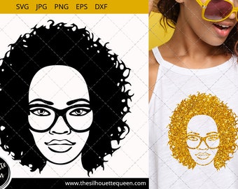 Afro Woman svg with Curly Bob natural hair and glasses, African American Black Woman with curly hair, cut files - cricut, black history