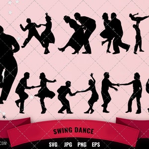 Könnte beinhalten: Silhouetten von Paaren, die Swing tanzen. Die Silhouetten sind schwarz vor einem rosa Hintergrund mit weißen Sternen.