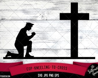 Cop kneeling to cross SVG, Praying at Memorial Cross -Vector Art Commercial & Personal Use- Cricut,Silhouette,Cameo,Vinyl Cut