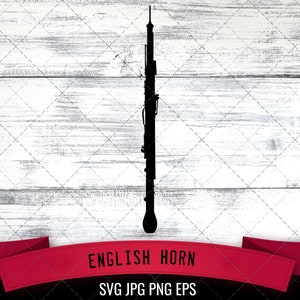 May include: Silhouette of an English horn musical instrument. The black instrument is centered against a white and gray wood-grain background. A red banner at the bottom reads "ENGLISH HORN" with "SVG JPG PNG EPS" below it.