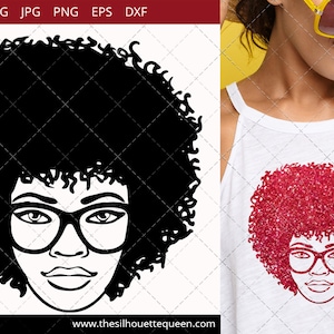 Afro Woman svg with Curly Bob natural and glasses, African American Black Woman with curly hair, cut files - cricut, black history