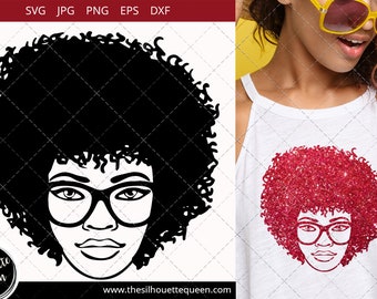 Afro Woman svg with Curly Bob natural and glasses, African American Black Woman with curly hair, cut files - cricut, black history