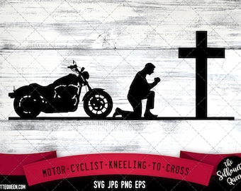 Motocycliste agenouillé pour traverser SVG, priant à la croix commémorative -Vector Art Commercial & Personal Use- Cricut,Silhouette,Cameo,Vinyl Cut