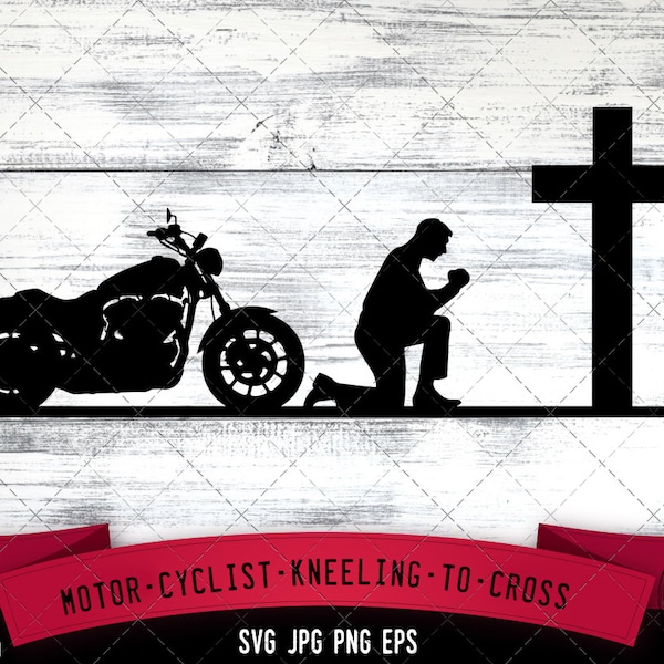 Motor cyclist kneeling to cross SVG, Praying at Memorial Cross -Vector Art Commercial & Personal Use- Cricut,Silhouette,Cameo,Vinyl Cut