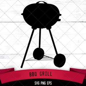 Może przedstawiać: Czarna sylwetka grilla z trzema nogami i kołami. Grill znajduje się na białym drewnianym tle z czerwonym banerem, na którym widnieje napis "BBQ Grill" i "SVG PNG EPS".