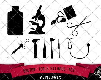 Doctor Tools Silhouette, Medical Equipment SVG,  cricut Clipart,  Vector, eps, cut file, png, ai, microscope, syringe, otoscope, stethoscope