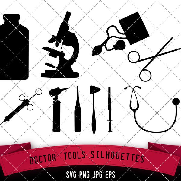 Doctor Tools Silhouette, Medical Equipment SVG,  cricut Clipart,  Vector, eps, cut file, png, ai, microscope, syringe, otoscope, stethoscope