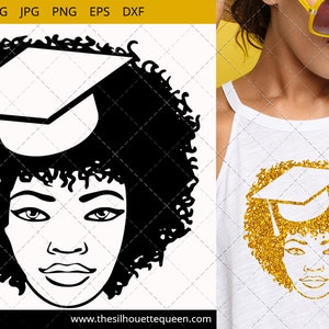 Educated Afro Woman svg with Curly Bob natural hair and Graduation Hat, African American Black Woman with curly hair, cut files - cricut