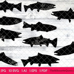 May include: Ten black silhouette images of salmon fish in various poses. The images are on a white wood background. The text "The Silhouette Queen" is at the bottom of the image.