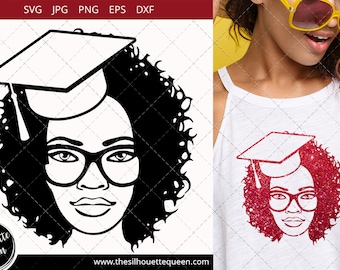 Educated Afro Woman svg with Curly Bob natural hair and Graduation Hat and glasses, African American woman svg,  Black Woman svg
