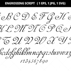 Engrossing Skript Svg, Kalligraphie Svg, Handschrift Svg, Großbuchstaben Svg, kleine Buchstaben Svg, Zahlen Svg, schneiden Dateien für Schaltung
