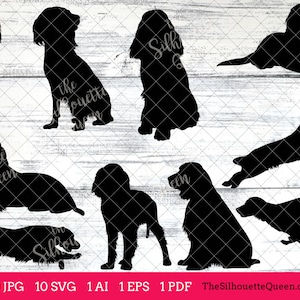 May include: A set of 10 black silhouette images of Cocker Spaniel dogs in various poses. The images are ideal for crafting projects, scrapbooking, and digital design.