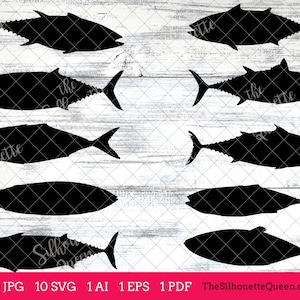 Könnte beinhalten: Zehn schwarze Silhouettenbilder von Thunfisch in verschiedenen Posen. Die Bilder sind vor einem weißen Holzmaserungshintergrund angeordnet.