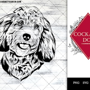 Op de afbeelding: Zwart-wit lijntekening van een Cockapoo hond met een glimlach. De hond staat op een witte en grijze achtergrond met houtnerf. Een rode ruit met de woorden "Cockapoo Dog" staat rechts.