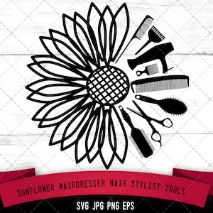 Może przedstawiać: Czarno-biała sylwetka słonecznika z narzędziami fryzjerskimi ułożonymi wokół niego. Narzędzia obejmują nożyczki, grzebienie, suszarkę do włosów i szczotkę. Tekst "Sunflower Hairdresser Hair Stylist Tools" znajduje się pod obrazem.