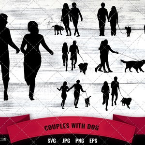 May include: Silhouettes of couples walking their dogs. The image features 10 different couples walking their dogs on leads. The couples are all in silhouette, and the dogs are all different breeds. The image is set against a white wood background. The text "Couples with Dog" is at the bottom of the image.