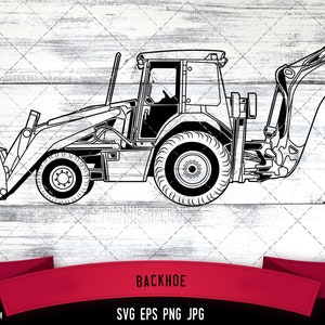 May include: Black and white line art illustration of a backhoe excavator. The backhoe is facing to the right with the bucket raised. The backhoe is on a white wood background.
