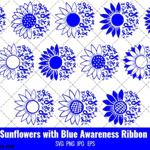 Girassol Câncer de Cólon Blue Ribbon SVG, Conscientização sobre o Câncer de Cólon Svg, arquivos Cricut, arquivo de corte Svg para usar Cricut
