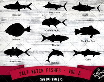 Salt Water Fishes Svg V2 - Bonefish, Blue Marlin, Bonito, Flounder, Crevalle Jack, Black Sea Bass, Bluefish, Blue Runner, Dolphin, Cobia