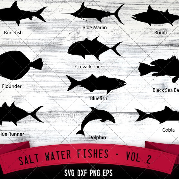 Salt Water Fishes Svg V2 - Bonefish, Blue Marlin, Bonito, Flounder, Crevalle Jack, Black Sea Bass, Bluefish, Blue Runner, Dolphin, Cobia