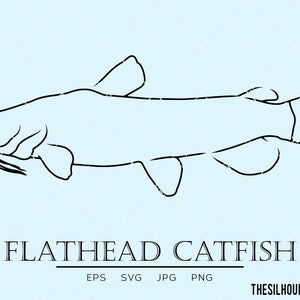 May include: Line art drawing of a flathead catfish. The fish is facing left and has a long, thin body with a large head. The fish has a large mouth with a long, thin whisker on each side. The fish has a small, rounded tail fin. The image is on a light blue background.