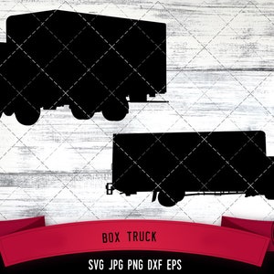 May include: Silhouette of two box trucks. The trucks are facing the right side of the image. The trucks are black against a white woodgrain background. The text "BOX TRUCK" is below the trucks. The text "SVG JPG PNG DXF EPS" is below the text "BOX TRUCK".