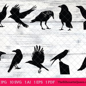 May include: Ten black crow silhouettes in various poses, including flying, perched, and standing. The silhouettes are against a white woodgrain background.