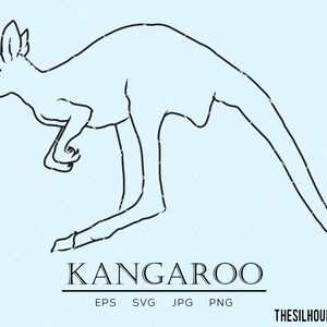 May include: Line art drawing of a kangaroo in a standing position with its tail curled behind its body. The image is on a light blue background with the word "Kangaroo" in black text below the image.
