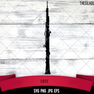 May include: Black silhouette of an oboe musical instrument on a white wood background. The text "OBOE" is below the image and "SVG PNG JPG EPS" is below the text.