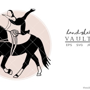 Op de afbeelding: Zwart-witte silhouet-illustratie van een persoon die een voltige-oefening uitvoert op een paard. De afbeelding is met de hand getekend en bevat de tekst "hand-sketched VAULTING EPS SVG JPG PNG".