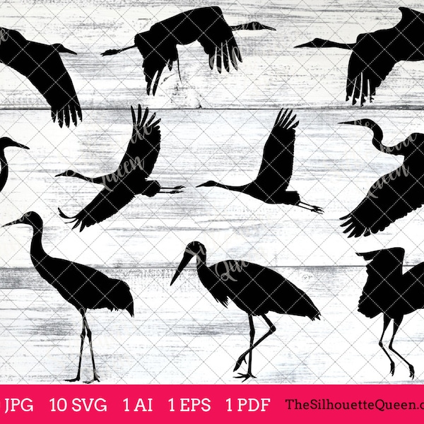 Whooping Crane Bird SVG Files Bundle, Flying Bird SVG, Sitting Bird SVG, Silhouette Studio, Cricut Design Space, Svg, Png, Eps, Pdf, Vector