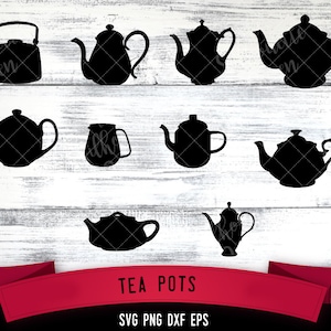May include: A set of ten black silhouette teapots in various styles. The teapots are arranged in three rows on a white wood background. The text "TEA POTS" is at the bottom of the image, with the text "SVG PNG DXF EPS" below it. The text "the Silhouette Queen" is in the bottom right corner of the image.