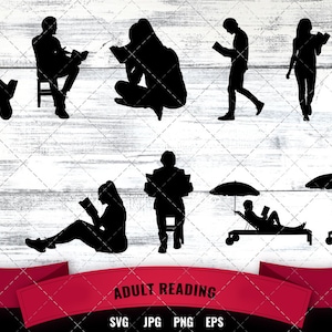 May include: Black silhouette illustrations of people reading books in various poses. Some are standing, sitting, or reclining. The phrase "ADULT READING" is displayed on a red banner at the bottom, along with file type indicators.