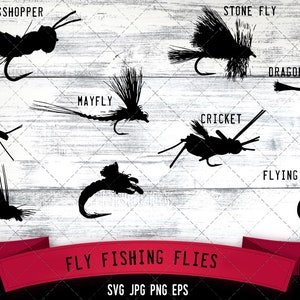 May include: Silhouettes of ten different fly fishing flies, including a grasshopper, stone fly, mayfly, ant, cricket, caddis, dragon fly, and flying ant. The image includes the text "FLY FISHING FLIES" and "SVG JPG PNG EPS".