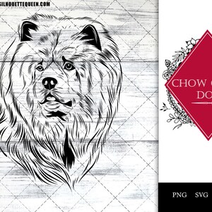 May include: Black and white line art illustration of a Chow Chow dog's head. The image is set against a white woodgrain background. The text "Chow Chow Dog" is in a red diamond shape with black floral accents.